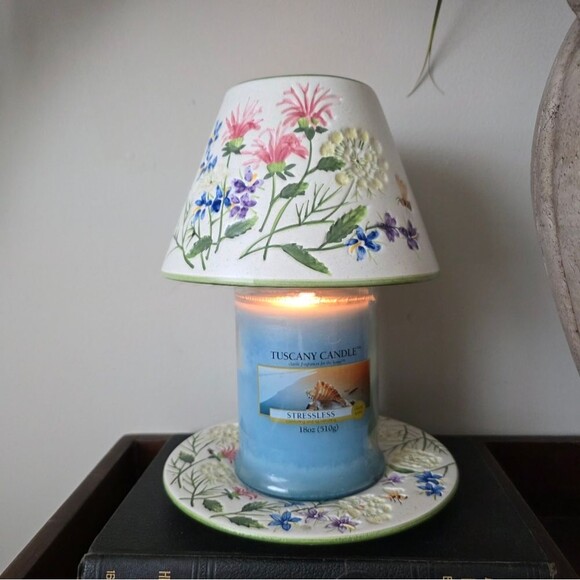 Yankee Candle Large Jar Shade & Plate Queen Anne Flowers Bees Etched Flaws - Picture 2 of 15